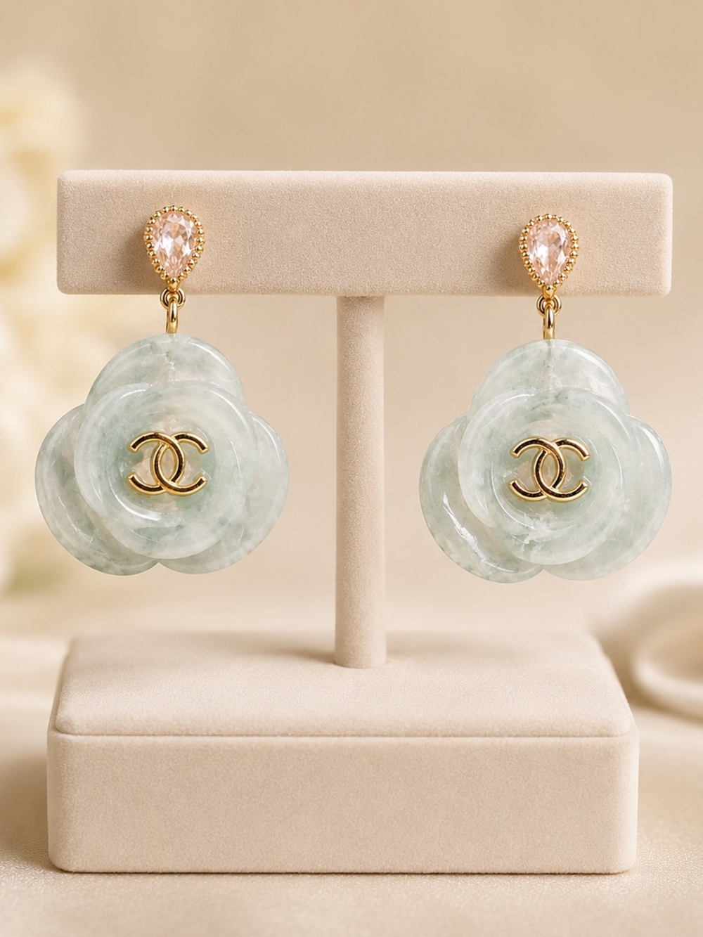 CHANEL Gold and blue Floral Crystal Earrings